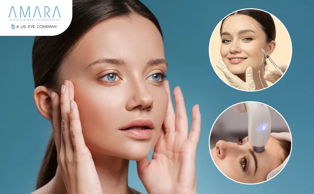 Woman with Botox injection and laser insets showing blended care